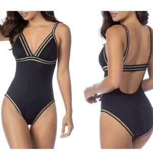 LA BLANCA | Threaded Along Mio One Piece Swimsuit Black LB7BT24 Silver Gold Sz S